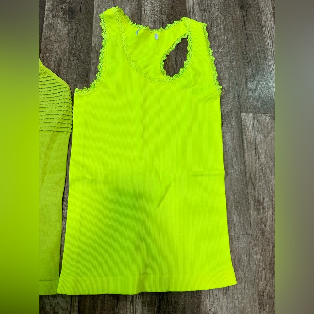 2‎ Neon Lime Green Camisole Tops Lace Trim Racerback and Pleated Bust Camis - Picture 3 of 4